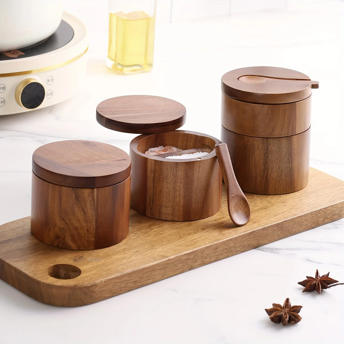 Acacia Wood Salt Jar with Spoo - Herb Keeper Bottle recension och pris